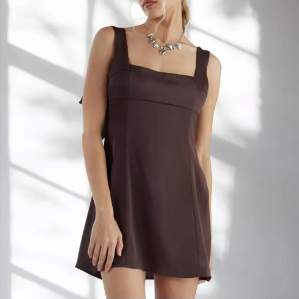 NWT Urban Outfitters Bri Double Bow Chocolate Brown Mini Dress - Picture 6 of 9